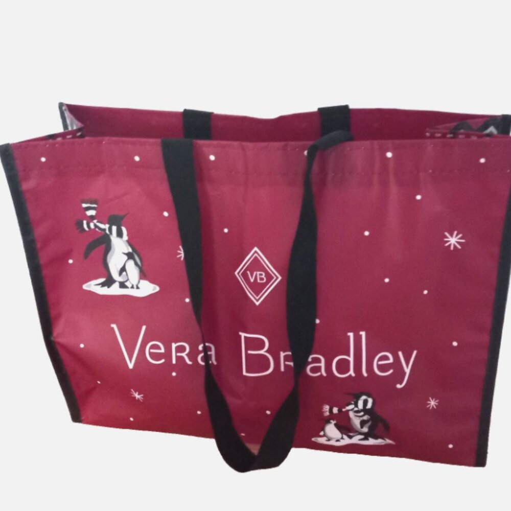 Vera Bradley Large Reusable Shopping Tote Red Winter Penguins 16x12x5.5 - Picture 5 of 5
